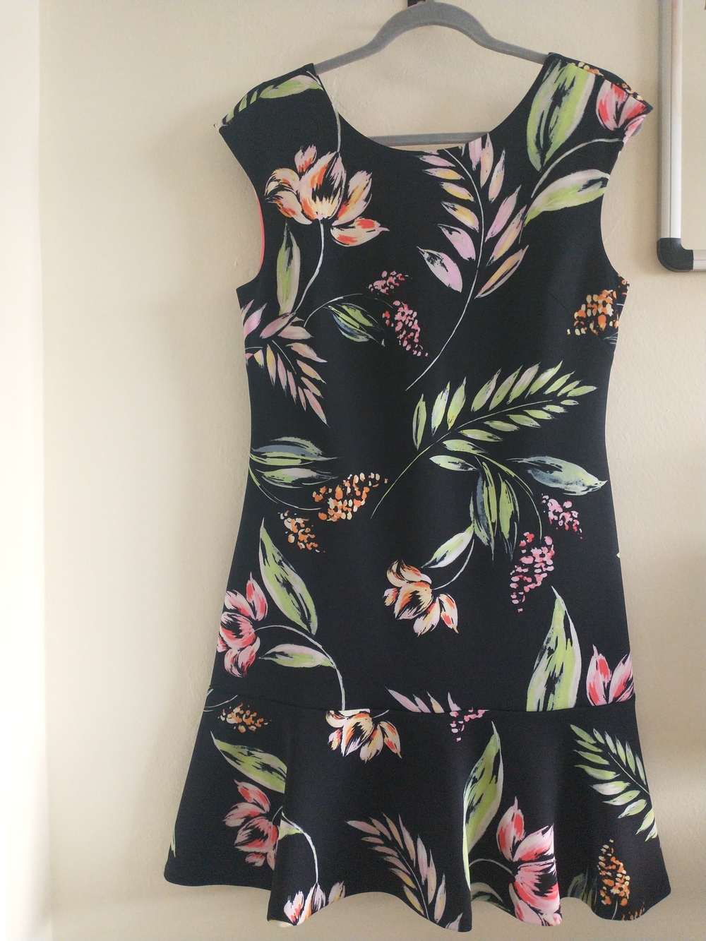 Vince Camuto Black Floral Fit & Flare Dress with Pink and Green Accents size 10